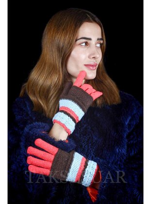 Women's Gloves Wool Knitted Model Multicolor Design Lycra Size Brown