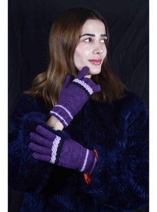 Women's Gloves Wool Knitted Model Multicolor Design Lycra Size Purple