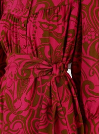 Fuchsia - Brown - Multi - Crew neck - Unlined - Modest Dress