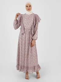 Dusty Pink - Multi - Crew neck - Fully Lined - Modest Dress