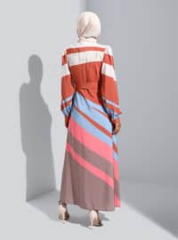 Blue - Coral - Stripe - Crew neck - Unlined - Modest Dress