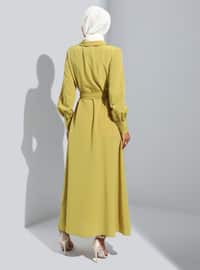 Olive Green - Point Collar - Unlined - Modest Dress