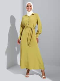 Olive Green - Point Collar - Unlined - Modest Dress
