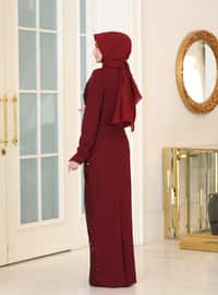 Burgundy - Unlined - Crew neck - Modest Evening Dress