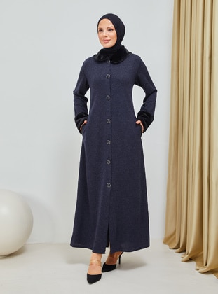 Collar And Sleeve Detailed Button Down Overcoat Navy Blue Coat