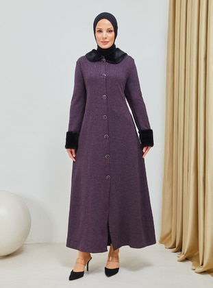 Collar And Sleeve Detailed Button Down Overcoat Purple Coat