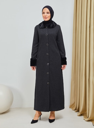 Collar And Sleeve Detailed Button Down Overcoat Black Coat