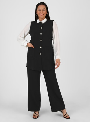 Black - V neck Collar - Unlined - Plus Size Suit - Alia