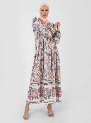 Green Almon - Floral - Crew neck - Unlined - Modest Dress - Refka