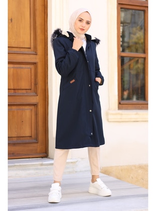 Hooded Bondit Coat With Faux Fur Inside Navy Blue