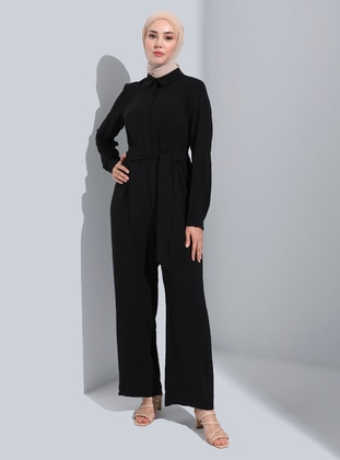 Black - Unlined - Point Collar - Jumpsuit - Refka