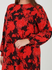 Red - Black - Multi - Fully Lined - Crew neck - Plus Size Dress