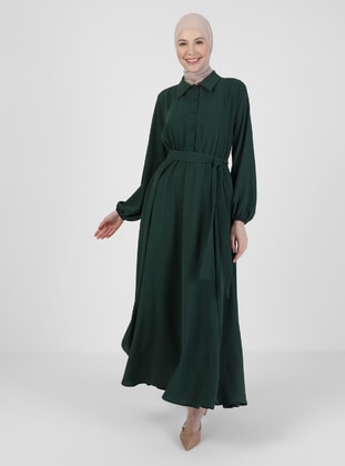 Aerobin Belted Modest Dress - Emerald - Casual