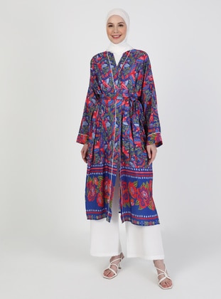 Unlined - Floral - Saxe Blue - Double-Breasted - Kimono - Refka
