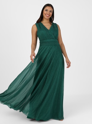 Fully Lined - Emerald - V neck Collar - Evening Dresses  - Meksila