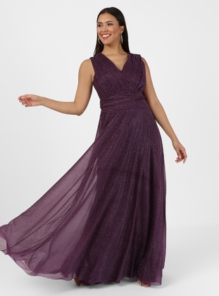 Glitter Detailed Hijab Evening Dress Purple