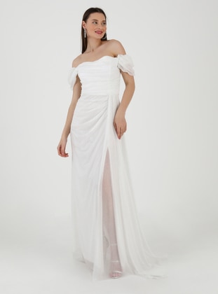 Gathers Detailed Silvery Evening Dress White
