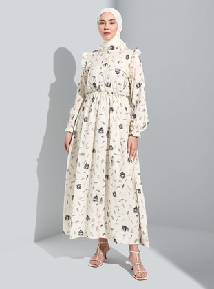 Cream - Floral - Unlined - Modest Dress - Refka