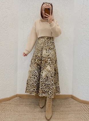 Brown - Leopard - Unlined - Skirt - Ceylan Otantik