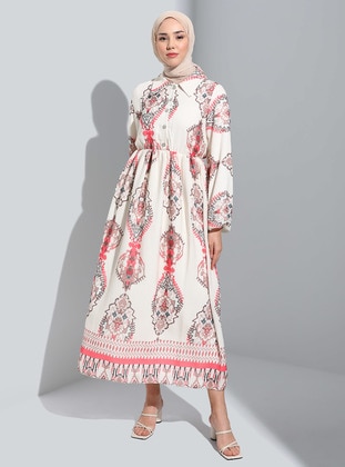 Multi Color - Multi - Point Collar - Fully Lined - Modest Dress - Refka