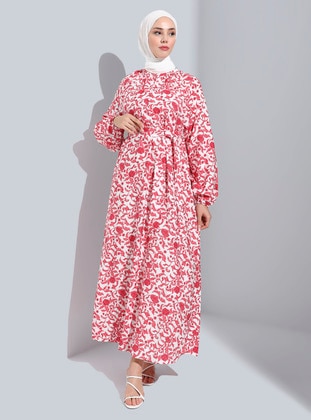 Floral - Crew neck - Unlined - Modest Dress - Refka