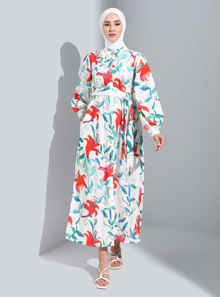 Coral - Floral - Point Collar - Unlined - Modest Dress - Refka
