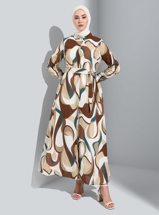 Brown - Geometric - Point Collar - Unlined - Modest Dress - Refka