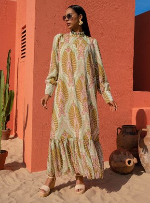 Green Almon - Ethnic - Polo neck - Fully Lined - Modest Dress - Refka
