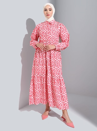 Coral - Geometric - Point Collar - Modest Dress - Refka