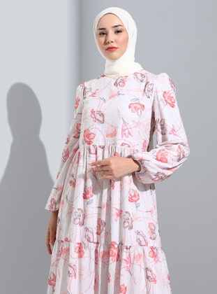 Off White - Floral - Crew neck - Fully Lined - Modest Dress - Refka