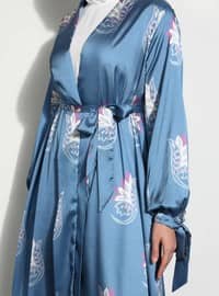 Blue - Floral - Unlined - Abaya