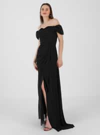 Gathers Detailed Silvery Evening Dress Black