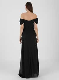 Gathers Detailed Silvery Evening Dress Black