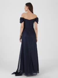 Gathers Detailed Silvery Evening Dress Navy Blue