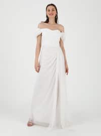 Gathers Detailed Silvery Evening Dress White