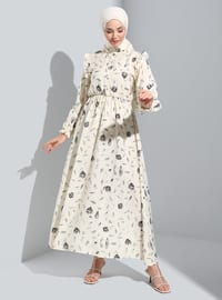 Cream - Floral - Unlined - Modest Dress