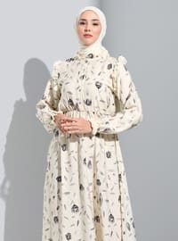 Cream - Floral - Unlined - Modest Dress