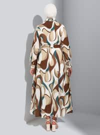Brown - Geometric - Point Collar - Unlined - Modest Dress