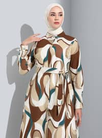 Brown - Geometric - Point Collar - Unlined - Modest Dress