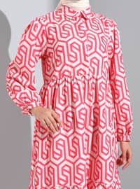 Coral - Geometric - Point Collar - Modest Dress