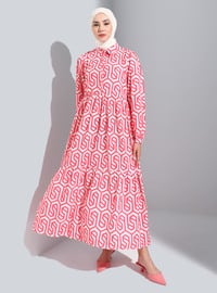 Coral - Geometric - Point Collar - Modest Dress