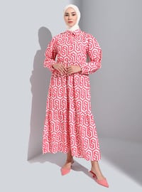 Coral - Geometric - Point Collar - Modest Dress