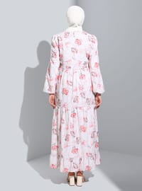 Off White - Floral - Crew neck - Fully Lined - Modest Dress
