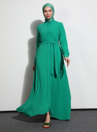 Green - Point Collar - Unlined - Modest Dress - Benin