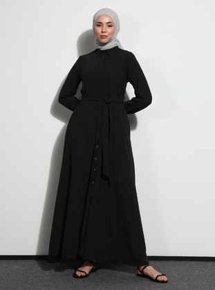 Black - Point Collar - Unlined - Modest Dress - Benin