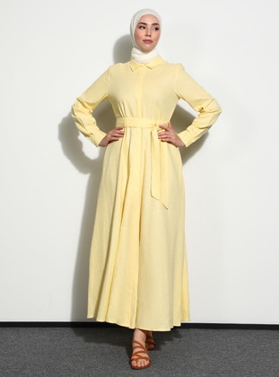 Light Yellow - Point Collar - Unlined - Modest Dress - Benin