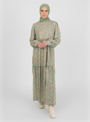 Green Almon - Floral - Crew neck - Fully Lined - Modest Dress - Benin