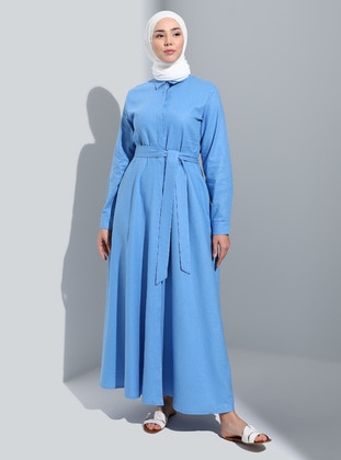 Blue - Point Collar - Unlined - Modest Dress - Benin