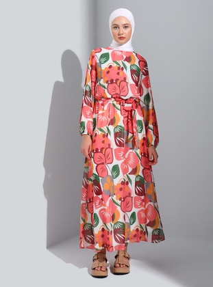 Coral - Floral - Crew neck - Fully Lined - Modest Dress - Benin
