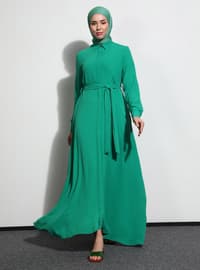Green - Point Collar - Unlined - Modest Dress